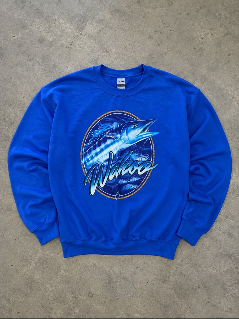 Gildan Wahoo Marlin Fish Graphic Sweatshirt Blue Crewneck Size Medium